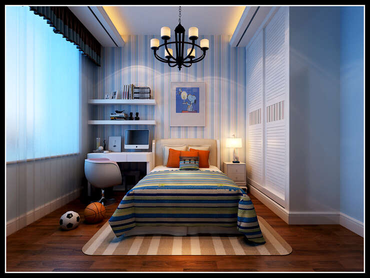 小儿子房间的浅蓝色乳胶漆搭配竖条纹浅蓝色壁纸，让空间充满了清新感！