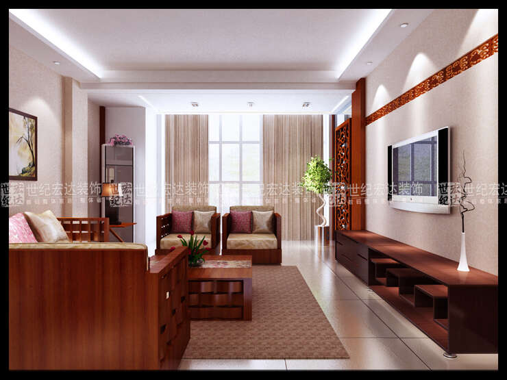 客厅区域造型设计相对简约，在影视墙区域设计了一个镂空的花格造型与卧室的门相呼应，影视墙的镜面增加了空间的灵动感。