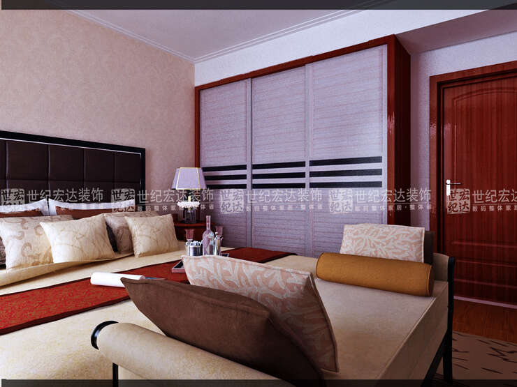 主卧的设计延续了客厅的色彩，在造型上更趋于简约中式。6