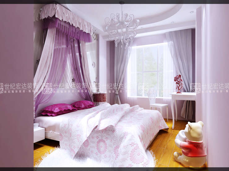 二楼的卧室是女儿的房间，粉色的墙面和纱幔的造型圆了女儿的公主梦。