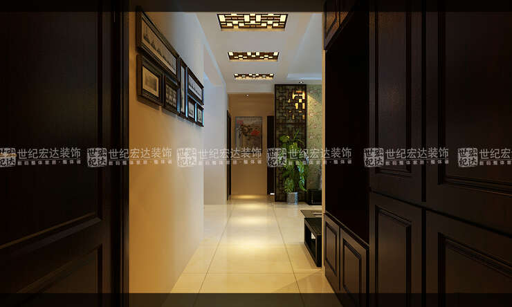 入户走廊用花格处理，用偏暖的灯光相称，造型美观，整体柔和
