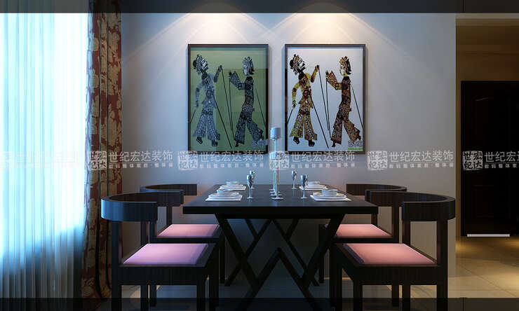 餐厅处理比较简单，简单刷乳胶漆，墙面挂两幅皮影画，空间活跃不生硬。