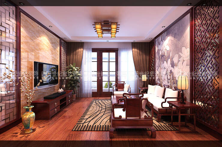 影视墙的瓷砖是硬材质，沙发后面用了软性材质的壁画，客厅的中间顿时有了主次的分割。（