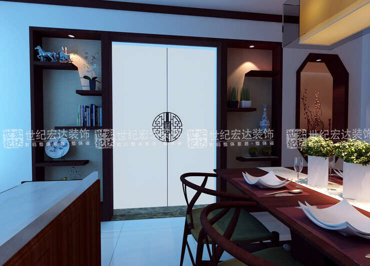 餐厅在厨房门的两边增加了展示摆件的区域，摒弃了传统的博古架造型，采用更简洁大方的不规则的隔板造型，也迎合了新中式的主题设计。