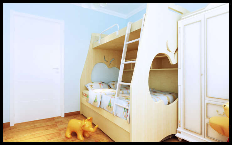 儿童房的设计采用的是活泼的天蓝色，迎合了孩子的童真。5