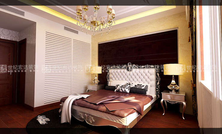 深紫色软包和多层次吊顶凸显出主卧室安详 高贵的感觉。