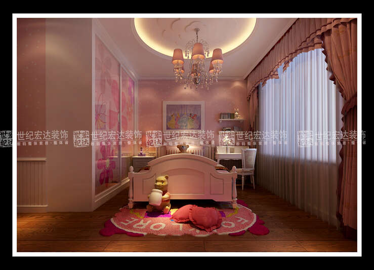 女儿房，粉色壁纸碎花窗帘，彰显小女生温馨格调。