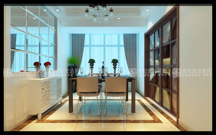 餐厅的设计采用了明快的银镜造型，与沙发背景得到了呼应，也在无形中增加了餐厅的空间感。