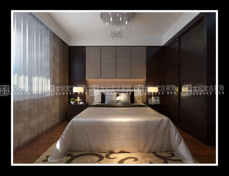 卧室采用简约软包与水曲柳搓色，时尚简约，宽线条吊顶，凸显整个氛围。