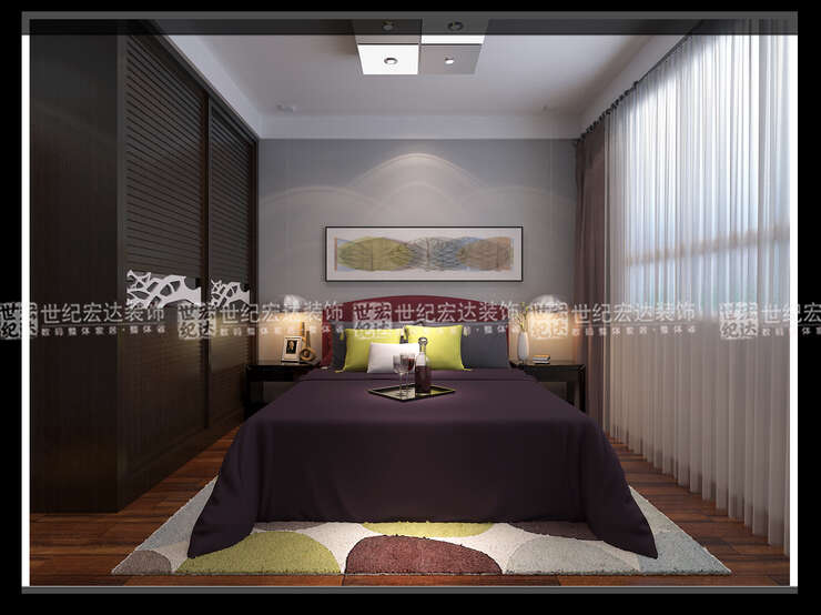 卧室的配色来源于葡萄的设计灵感，葡萄色，沉稳又不失浪漫，高雅有情调，设计师以葡萄为灵感，作为主卧室的主题色，灰色的床头背景墙与客厅的设计又遥相呼应，床头两边的吊灯更方便日常的使用。