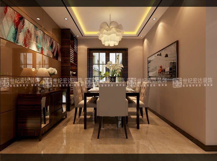 餐厅茶色烤漆玻璃和客厅的影视墙相呼应，使整个空间协调统一