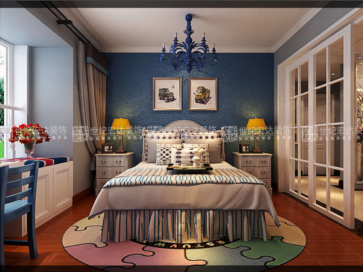 儿童房的床头墙面选用了硅藻泥，在起到调节湿度净化空气作用的同时，自然的纹理又可以使整个空间更丰富更活泼。5
