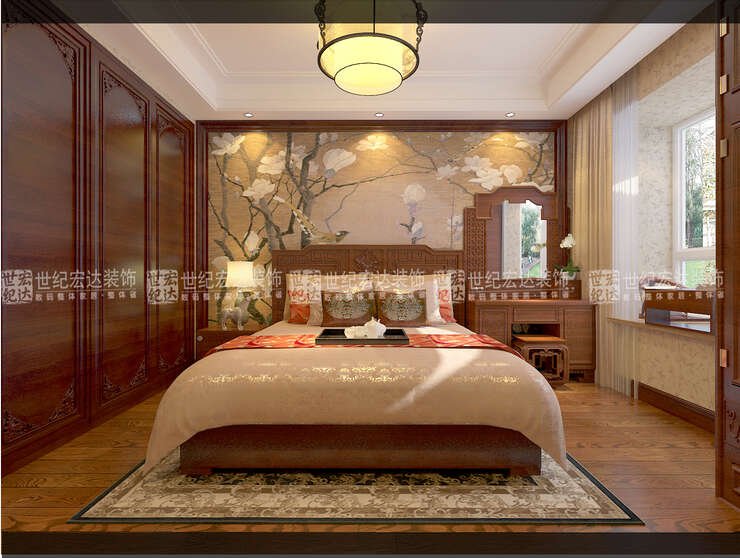 008卧室空间设色沉稳大方，以棕色系为主，布局简约流畅，给人一种放松的氛围。