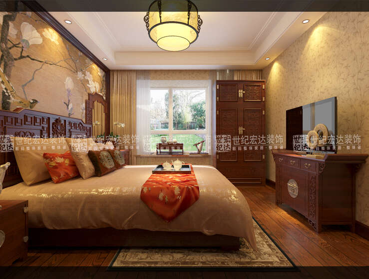 009卧室空间设色沉稳大方，以棕色系为主，布局简约流畅，给人一种放松的氛围。