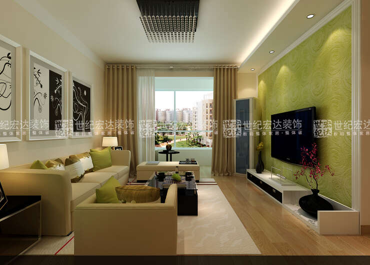 客厅的家具选用了业主喜欢的米黄色调，日常生活这种颜色也比较好打理，通过抱枕来提亮颜色，与影视墙硅藻泥的暖绿色有个呼应，整体效果很强。