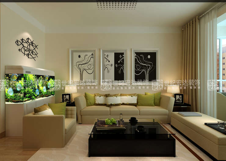 沙发背景墙的挂画选用黑白搭配的色调，为的是与茶几的颜色遥相呼应，使空间的整体效果更统一，也在色彩搭配上寻求了平衡感。