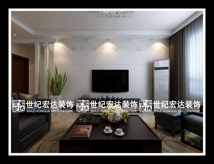 客厅以唯美的白色系为主，间以黑色的沙发和摆件点缀，显得很有层次感。家居用品多选用柔软材质，给人舒适的视觉感受