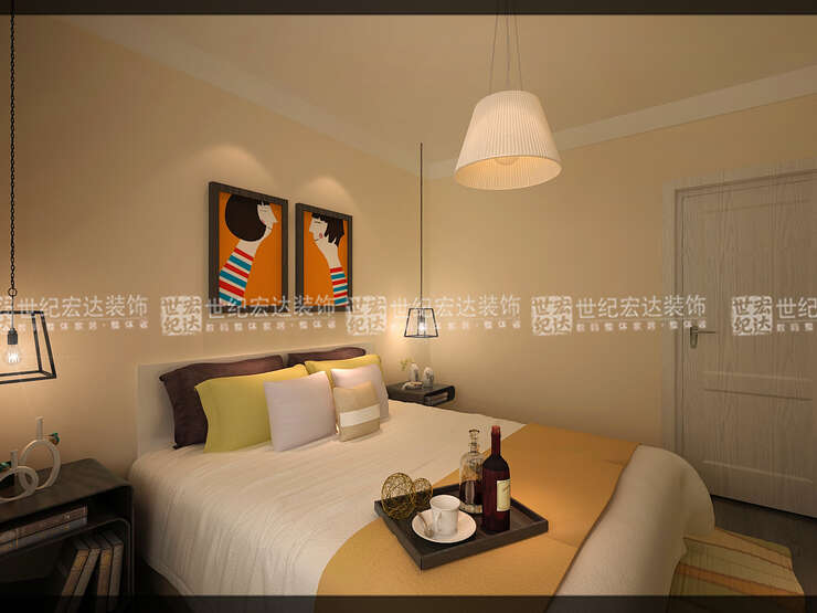 墙面米黄色的乳胶漆给卧室一分温馨之感，橙色挂画给生活增添了更多的画面感。