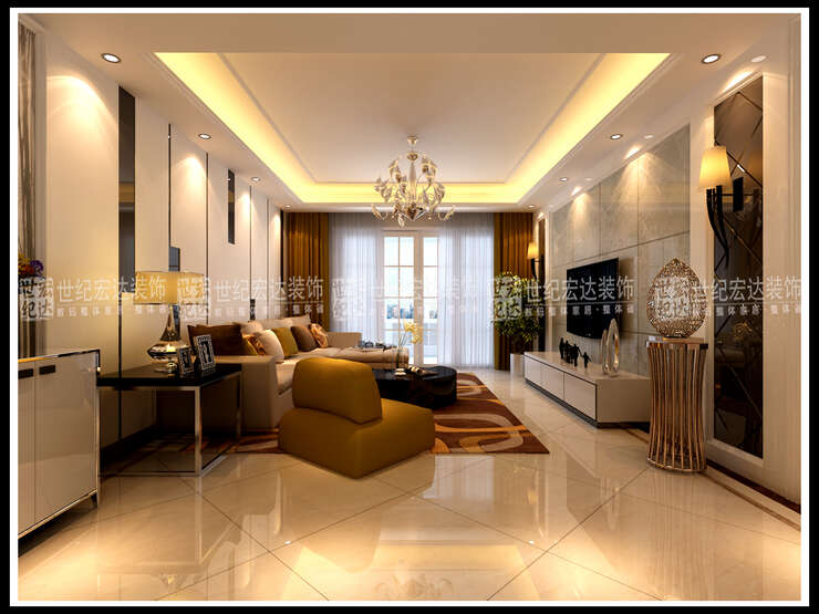 沙发背景是符合设计主次的设计元素，造型是黑白钢琴键的演变，在材质上与影视墙的灰镜相呼应。沙发的色彩也在整个空间中有比较跳跃的色彩，使空间比较有灵活性。