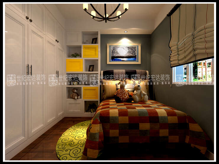 小孩房是按照比较成熟的男孩房设计的，采用了高级灰的颜色—灰蓝色，在书柜的柜门的设计上采用与整体有鲜明对比的色彩中黄色，同时也符合小孩房比较灵动的空间。