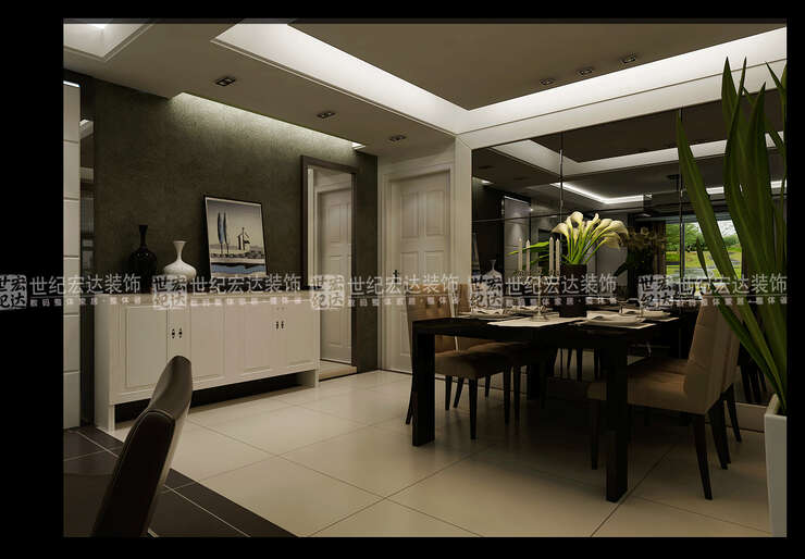 4、餐厅采用灰色镜面的效果，和整体色调协调况且还有空间的拉伸感。