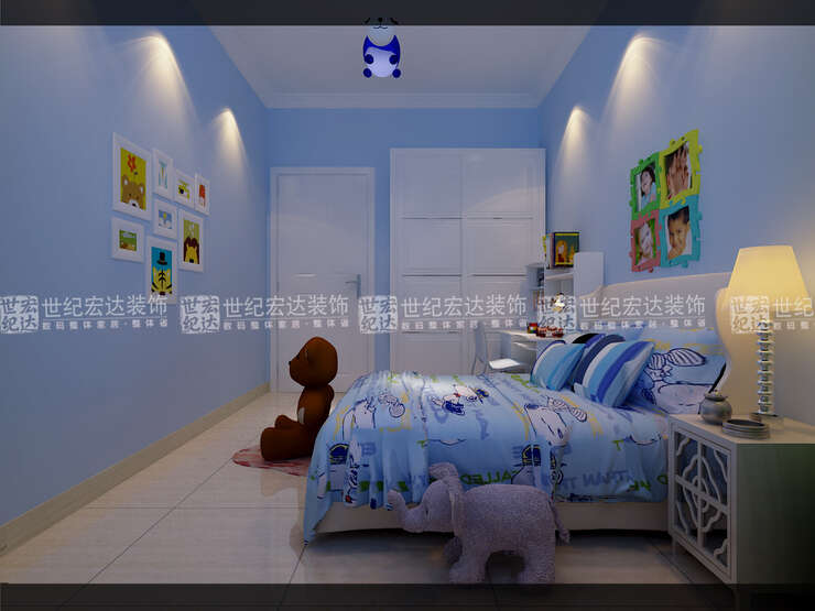 蓝色系的儿童房使人眼前一亮，搭配白色的家具可以增加空间感。