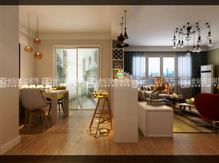 客餐厅之间打通墙体，让空间融为一体，从视觉上扩大了空间感。
