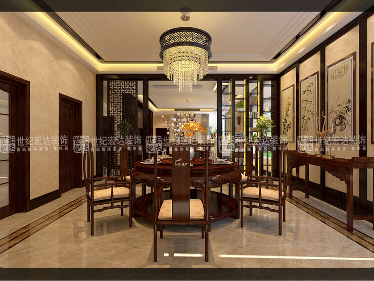 餐厅贯穿整个空间的设计风格，圆形的中式餐桌表达了中国传统文化中以家为重团圆的理念。