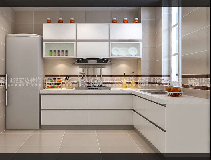 厨房的瓷砖亦是同样色调，搭配纯色柜体，延伸空间，增加使用空间效果。