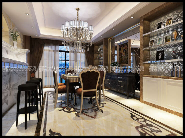 餐厅与客厅的设计连贯，简约欧式壁炉与酒柜呼应。