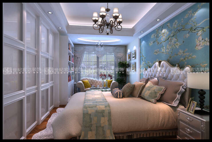 女儿房的设计床头为整幅壁画，色彩典雅。