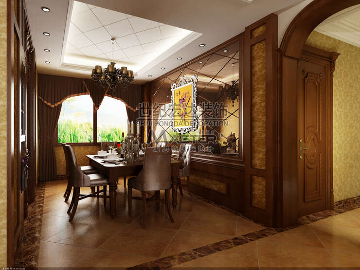 餐厅12、方方正正的传统欧式吊顶将原本相对不足的空间衬托地更加宽敞大气，配以古朴的餐桌装饰油画，展现出一个典雅唯美的就餐空间。厨房入口的酒柜展现了主人独特的艺术格调和品味。
