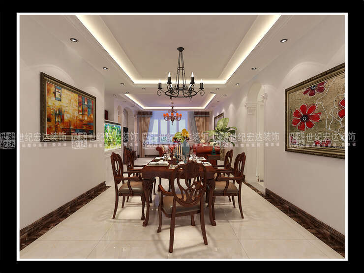 客厅和餐厅结合的非常完美，不仅仅是色彩和造型的结合，更是一种文化和艺术的融合