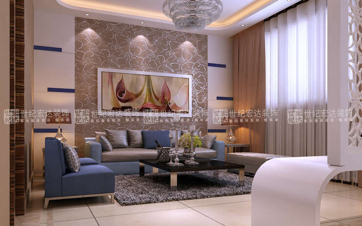 沙发背景的设计考虑整体对称，点缀的颜色及抱枕的搭配也是呼应主题色。