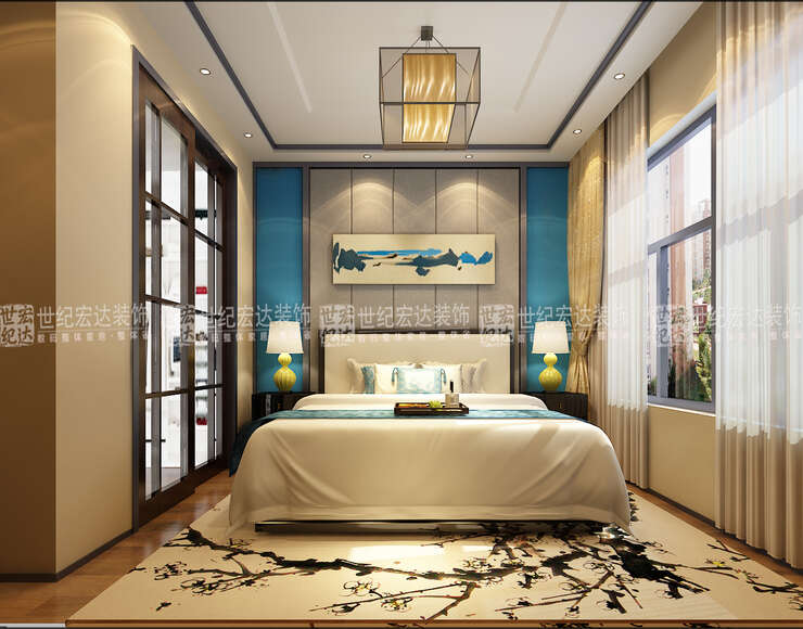 主卧室的整体色调跟客厅相协调，看似简单的不锈钢线条造型配上浓郁中式风格的地毯，让这个温馨的卧室充满了不一样的味道