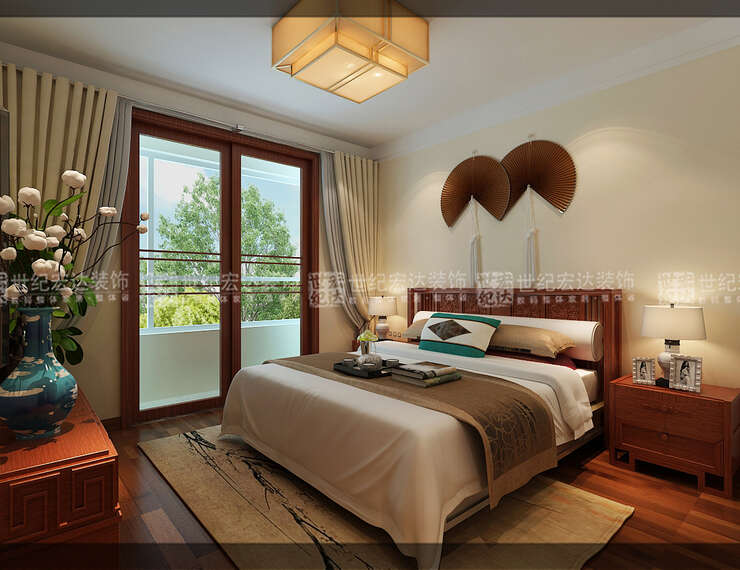 床头背景墙的挂扇使得卧室更显品位和格调。