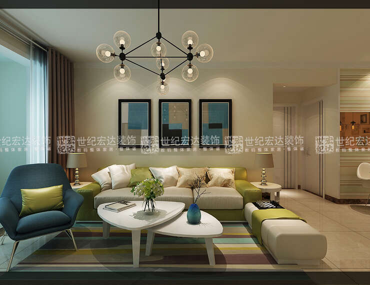 将蓝色，绿色，白色定为客厅的主色调，冷色调也一样可以做出温馨时尚的感觉。茶几的造型增大了客厅的空间，也保证了安全性。