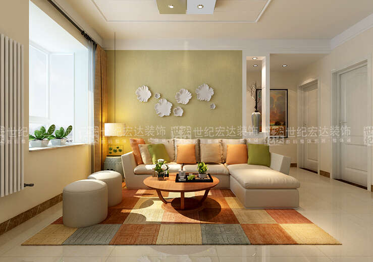 沙发背景墙的色调与沙发的色调还有地毯，做了统一的配色。使之成为一个完整的画面感。