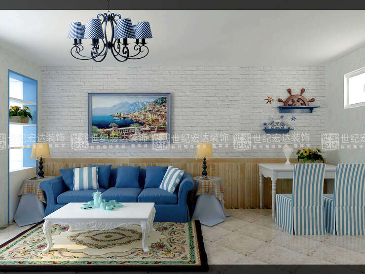 沙发墙和餐厅墙使用的是自然纹理桑拿板和石膏砖结合