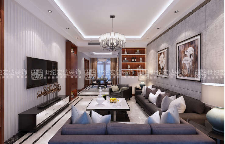 客厅白色的墙体与灰色的家具完美的结合体现出现代简约风格的豪华大气，通过完美的曲线，精益求精的细节处理，带给家人不尽的舒服触感。