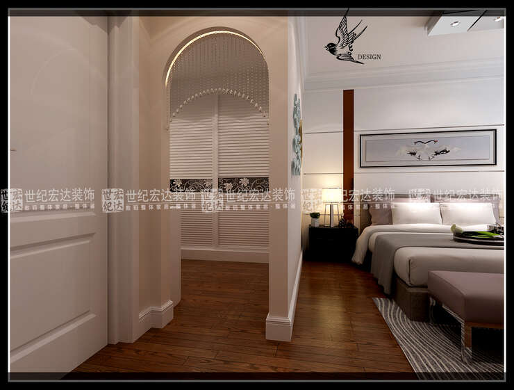 拱形门配合弧形的珠帘分隔开卧室与衣帽间。