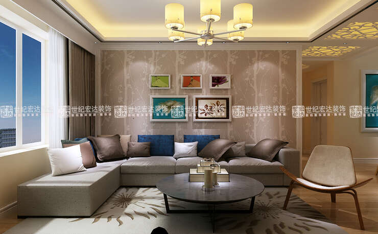 沙发背景墙竖纹壁纸，从视觉上增加房子高度。通过抱枕与挂画把空间增加色彩。