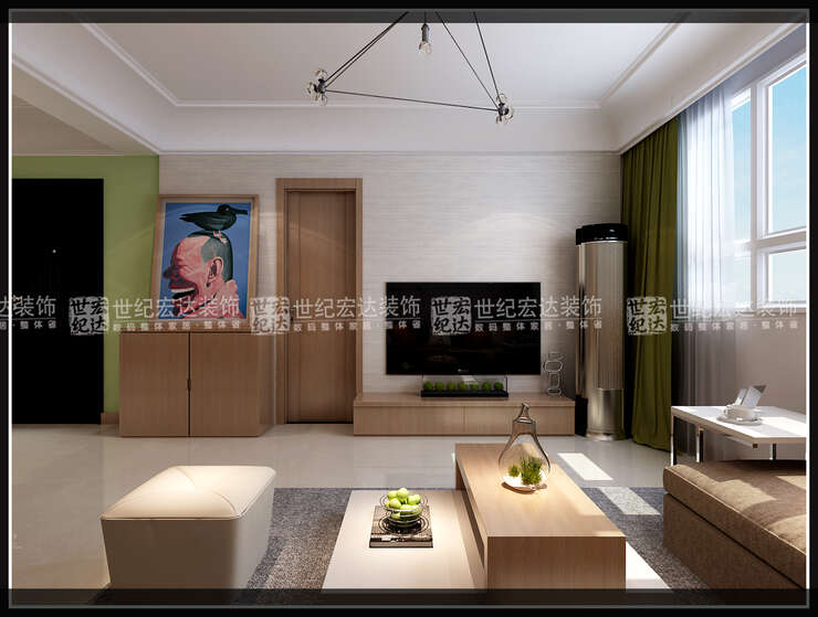 影视墙简单明了，木色家具和绿色乳胶漆窗帘的搭配栩栩如生