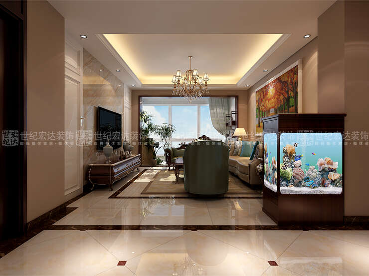 走廊和客厅用一个现代玻璃鱼缸做隔断，隔而不断，活泼的鱼儿也和沙发背景墙油画相应成趣，生机勃勃，让家的氛围充满了温馨活力