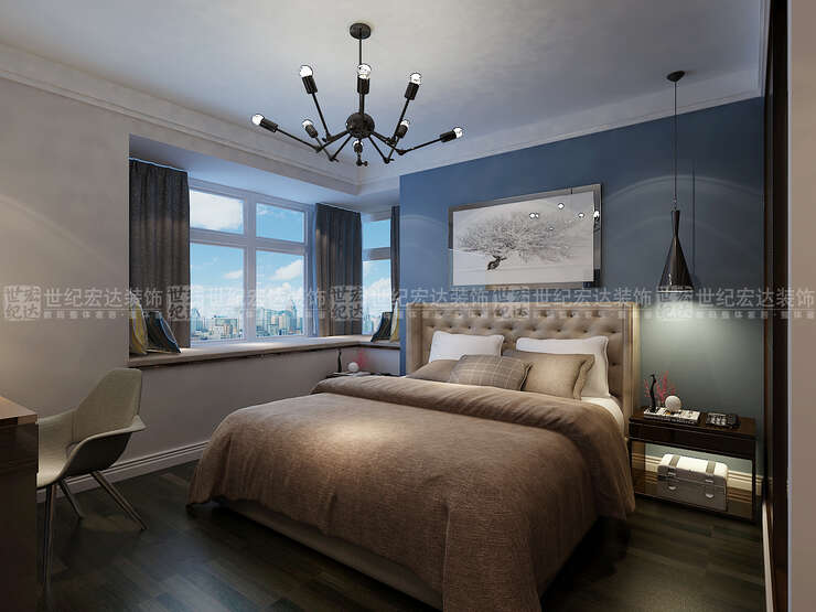 卧室背景采用深蓝色色漆，简单色调的搭配没有繁琐的设计元素，实用且大方的把整个卧室空间表现出来。