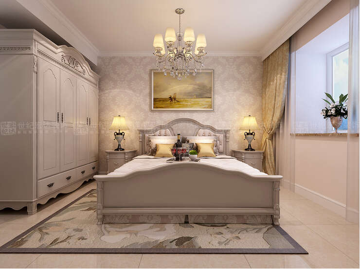 卧室，设计的是一个欧式吊灯。素雅的壁纸上墙，搭配一个欧式风情的装饰画，再搭配一个浅金色窗帘，挥洒出优雅奢华的空间内涵，彰显的淋漓尽致