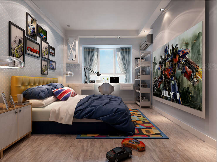 孩子卧室选用来了简单的蓝色格调，蓝白色彩搭配既不显得突兀而又体现出港式的风情，搭配了紧跟时代潮流的数字化荧幕，使整个空间开敞明亮
