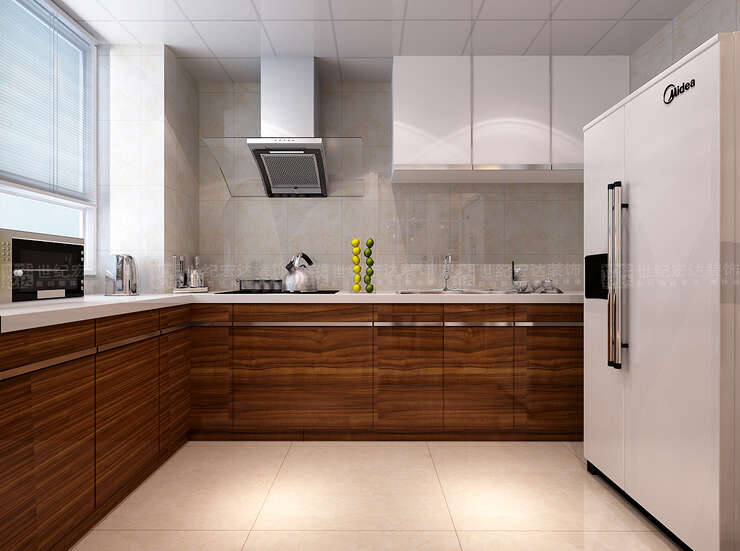厨房设计了原木色的地柜，合理的分配了功能区域，色彩搭配简单自然。
