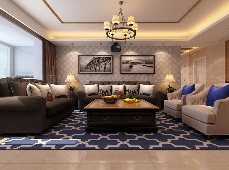 沙发背景和吊顶的细节处理，通过现代设计手法与日式元素相互转换，表达出另一种简单日式的设计理念