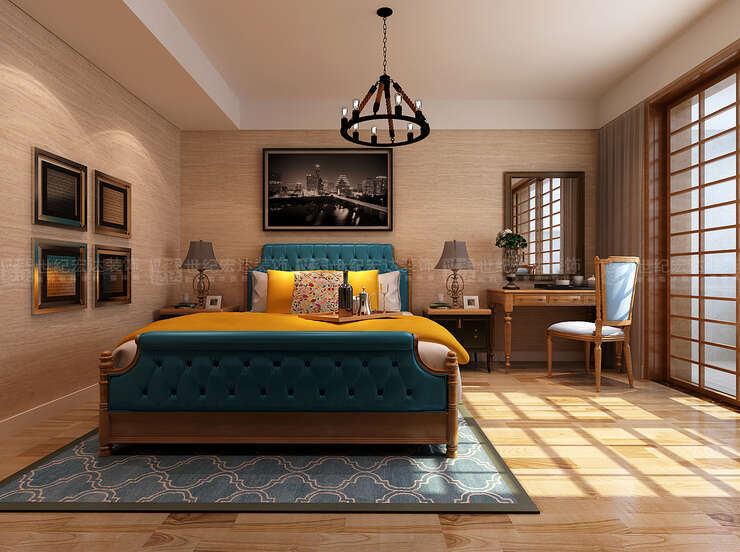 卧室采用了偏重于原木色的壁纸，带有古朴神秘的色彩以及搭配床华丽鲜艳的颜色，形成自然典雅的风格